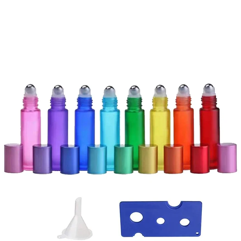 30pcs 5/10ml Frosted Glass Essential Oil Roller Bottles W/ Opener Funnels Multicolor Travel Refillable Vial Aromatherapy Perfume