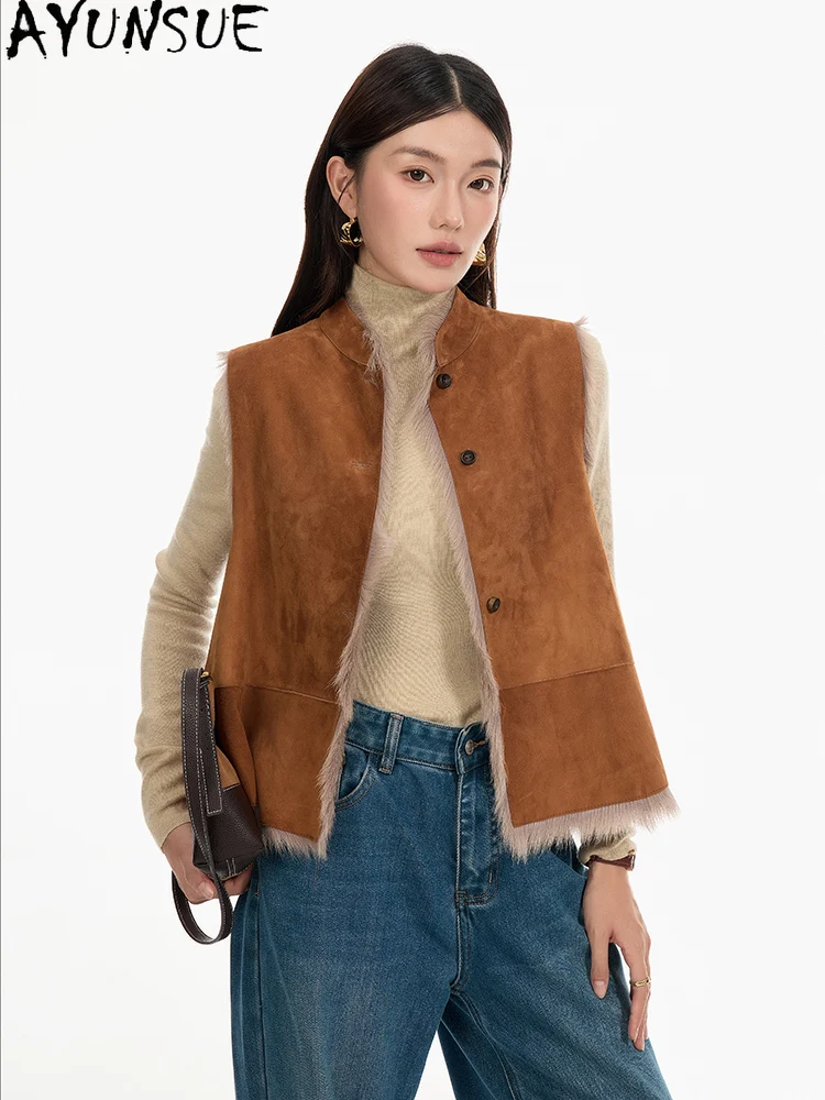 سترة من الفرو الطبيعي للنساء من AYUNSUE ملابس شتوية دافئة من صوف الضأن سترة من جلد الماعز الأصلي للنساء بدون أكمام 2025 شغبة Жеenca #3