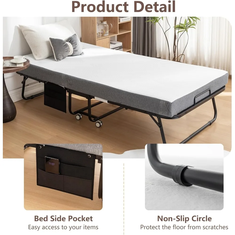 سرير ضيوف محمول مزدوج الحجم قابل للطي مع مرتبة، إطار فولاذي عالي التحمل للبالغين