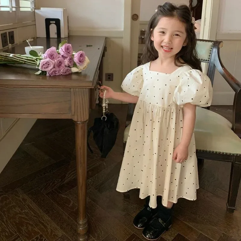 Summer Baby and Girls Cotton Dots Printed Puff Short-Sleeved Lace Up Backless Dresses Kids Outfit Children Sweet Skirt 2-8 Yr