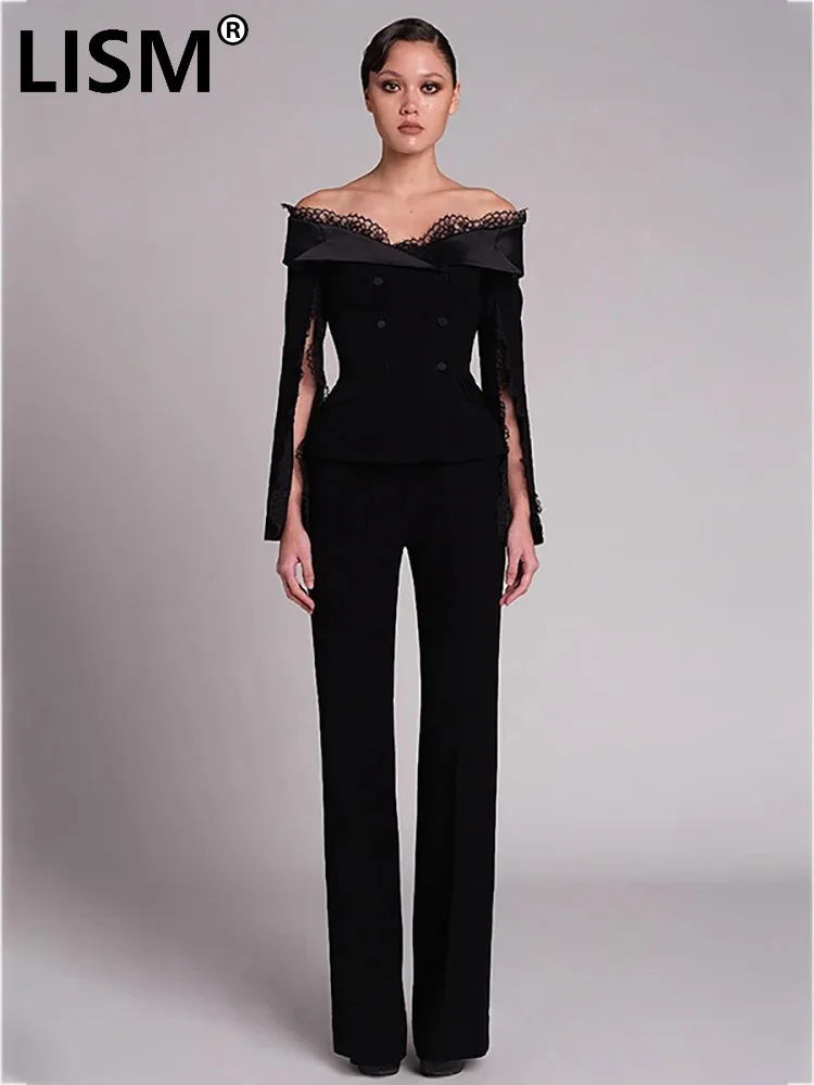 

LISM Fashion Women's 2 Pcs Set Slash Neck Patchwork Lace Waist Split Design Tops Solid Color Pant Elegant Suit 2025 Spring New