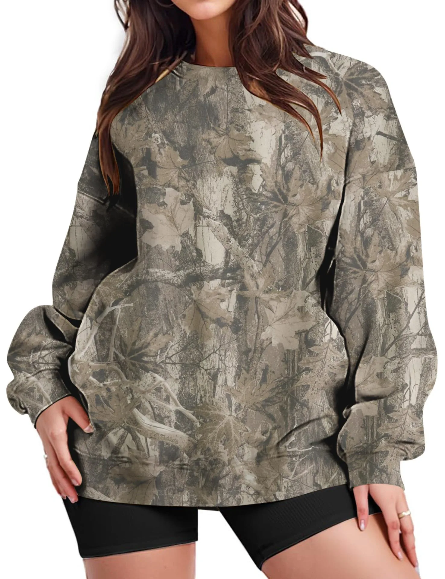 Printed Loose Fit Hoodie with Plant Floral Pattern Mid Length Streetwear No Hood Casual Long Sleeve Pullover Women Hoodie