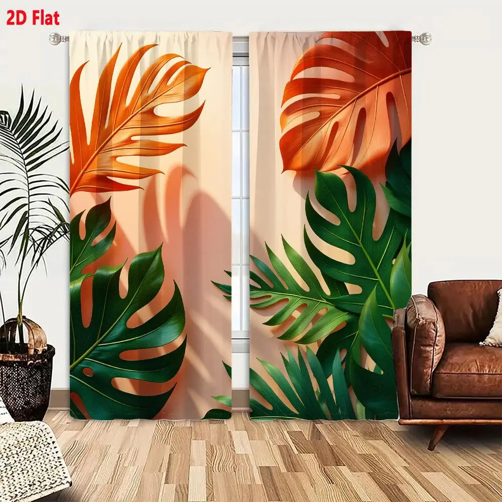 2Pcs Curtains Add 2D Flat Tropical Leaves Composition With Warm Orange And Lush Green Foliage On Peach Background Window Drapes