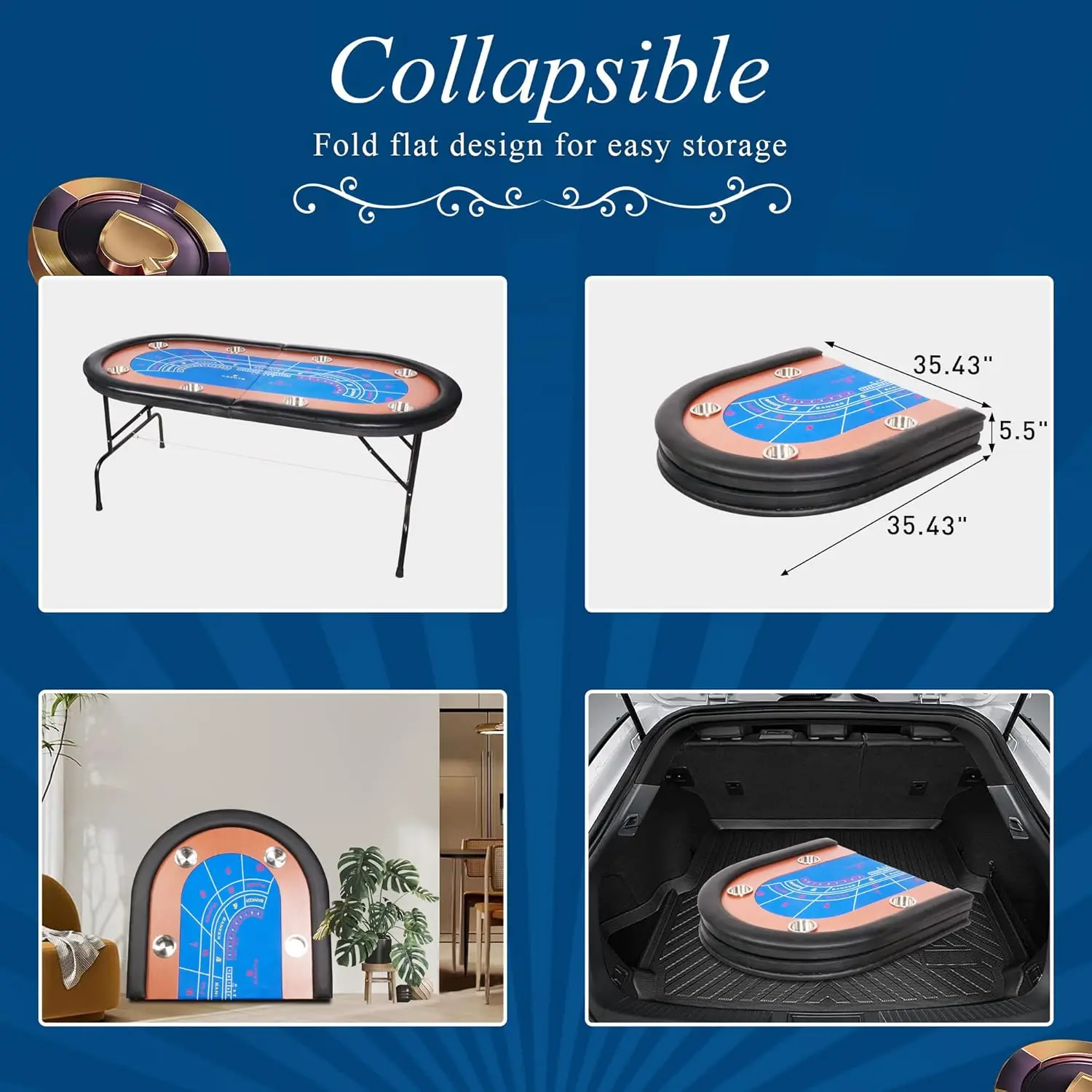 Table Foldable 8 Players Folding Poker Tables for Texas, Card Games, Casino Table with Cup Holder for Blackjack Board Game with