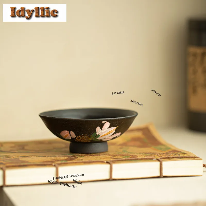 HOYIHM 60ml Gold Drawing Black Pottery Lily Teacup Japanese Tea Bowl Tea Cup Set Tea-tasting Fragrance Cup Jianzhan Master Cups