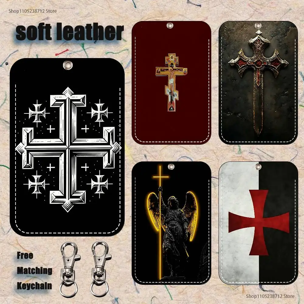 エルサレムクロス柄 1個入り PUレザー カードホルダー キーホルダー キーリング ドアロック アクセスタグ IDカードケース キーホルダー カード