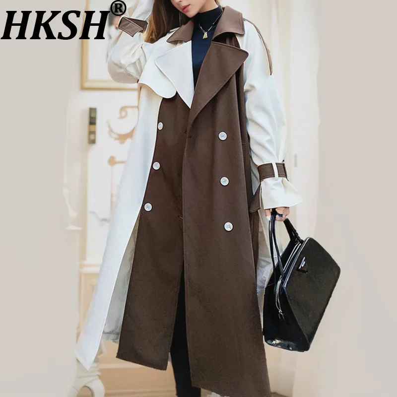 

HKSH Autumn New Women Long Windbreaker Spliced Contrast Color Double Breasted Turn-down Collar Elegant Chic Trench Coats HK11280