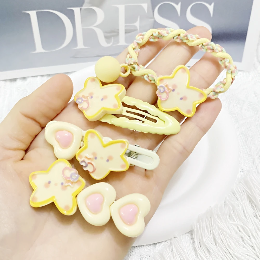 Star Hair Clip Cute Custard Yellow Smile Star Duckbill Hairpin Cartoon Sweet Girl Hair Rope Soft Cute Bangs Hair Accessories Set