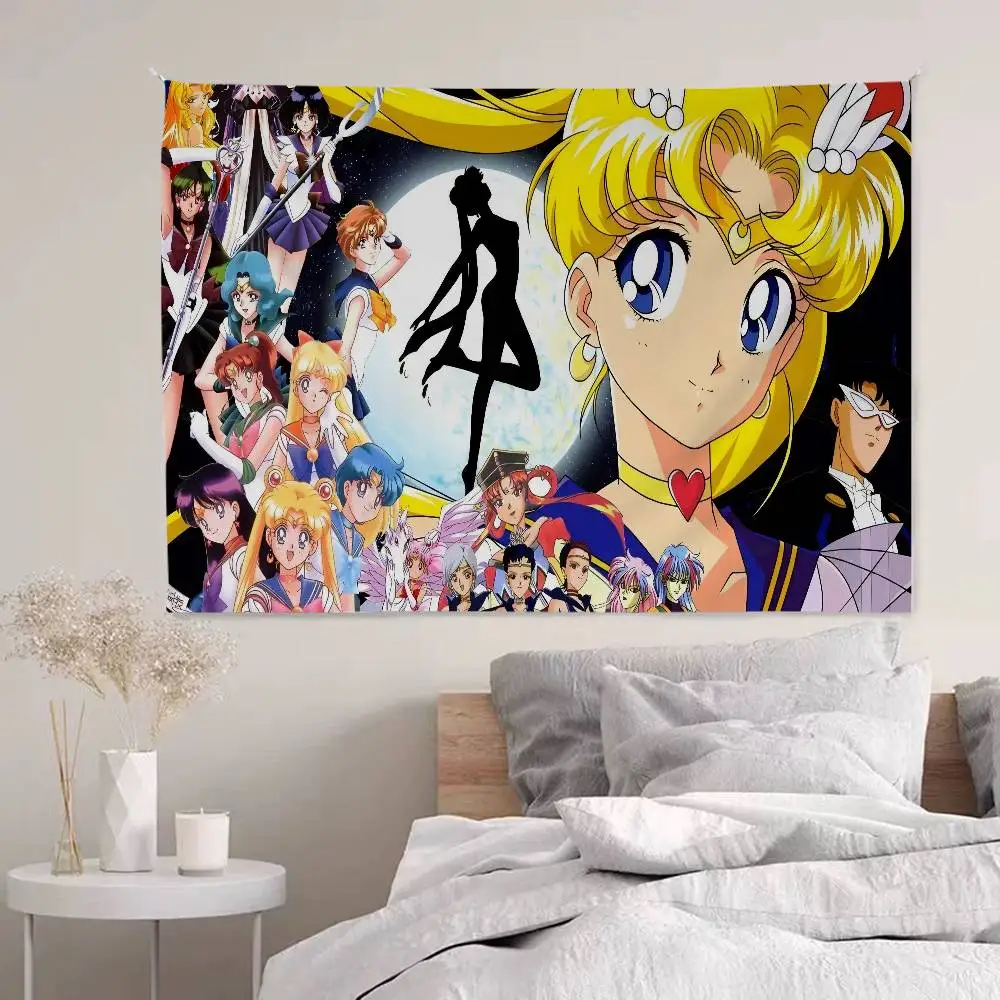 S-Sailores Cute Girl Moon Colorful Tapestry Wall Hanging Hanging Tarot Hippie Wall Rugs Dorm Wall Art Decor