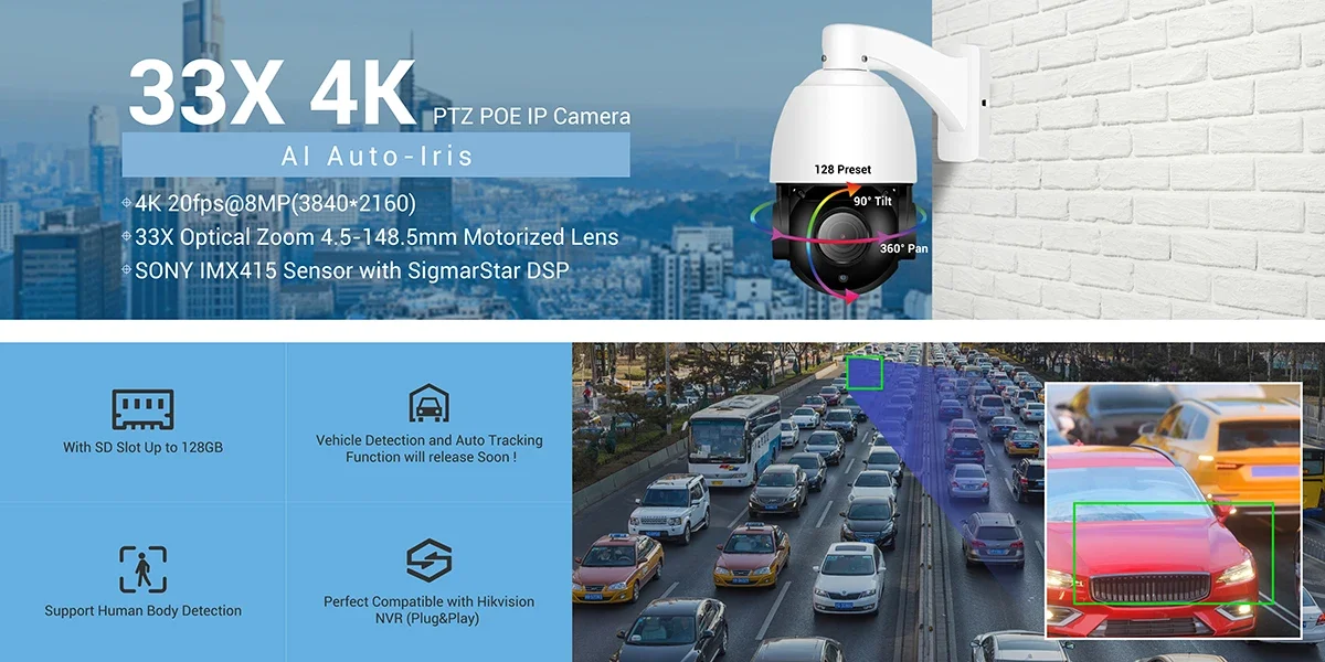 30X PRO High Speed Dome IP PTZ Camera 8MP 4K 33X Zoom Outdoor CCTV Surveillance Camera IR 150M with Wiper SD Card Slot