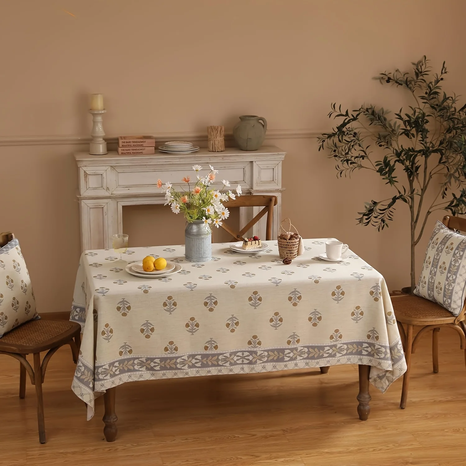 One linen tablecloth featuring vintage floral design in beige and yellow - country style machine print
