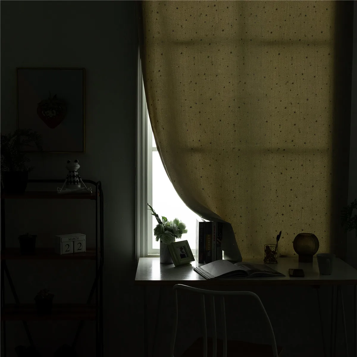 

1 pc Blackout Curtain 90X150Cm Beige Thickened Polyester Silver Star Decor Punch Free Adhesive Tape Window Drape For Home