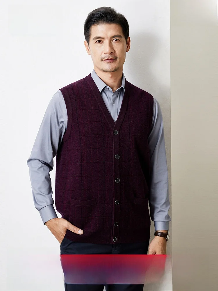 Hengyuanxiang Pure Wool Men's Sweater Vest Thickened Autumn Winter Fashion City Style V-neck Button Closure Knittedwear