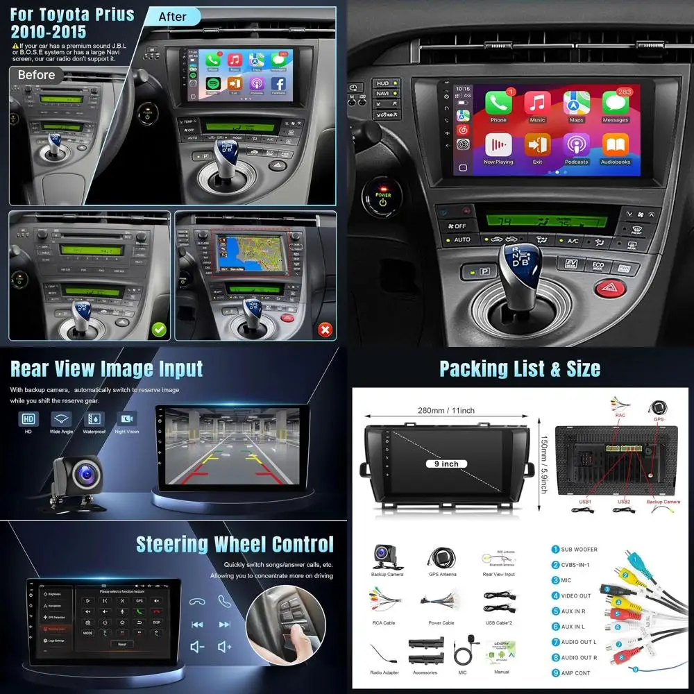 

Автомобильное стерео радио для Toyota Prius 2010 2011 2012 2013 2014 2015, обновление, экран 9 дюймов, беспроводной Carplay/Android Auto/Bluetooth/GPS