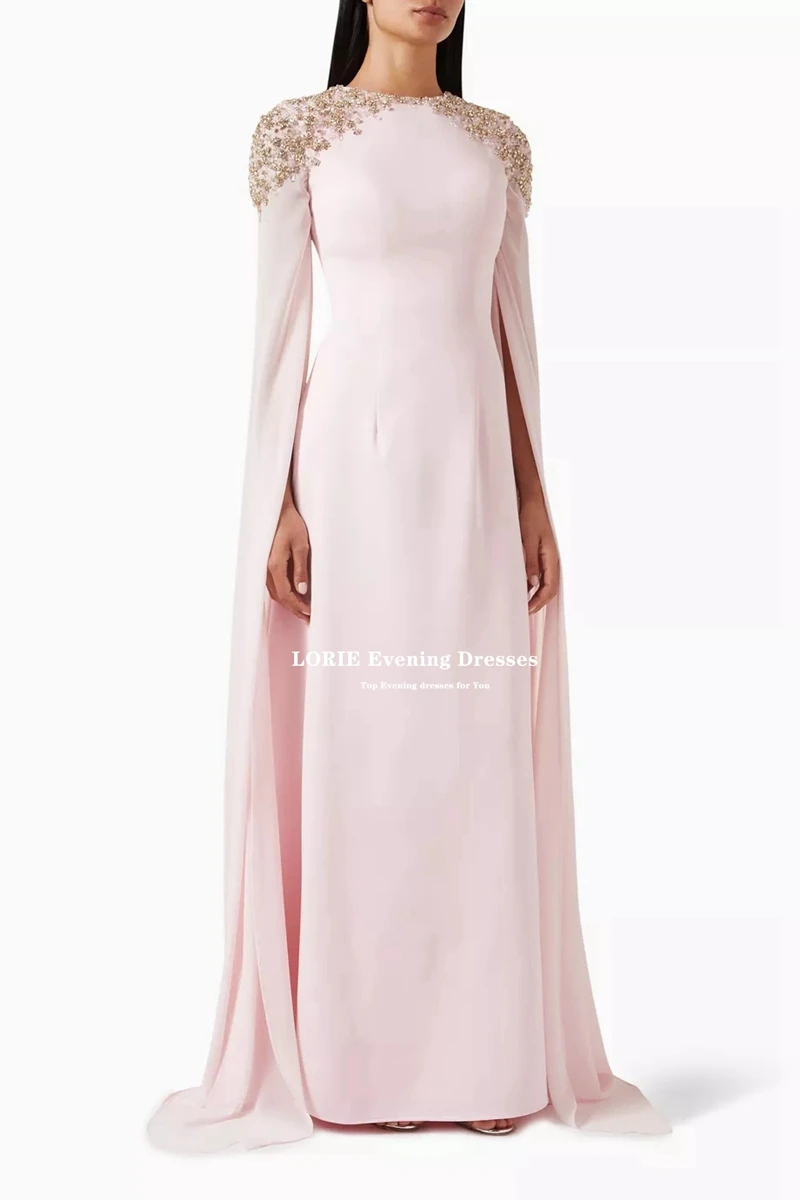 LORIE O-Neck Crystals Fashion Pink Mermaid Prom Dresses Full Cape Sleeves Arabic Evening Gowns Women Satin Formal Party Dress