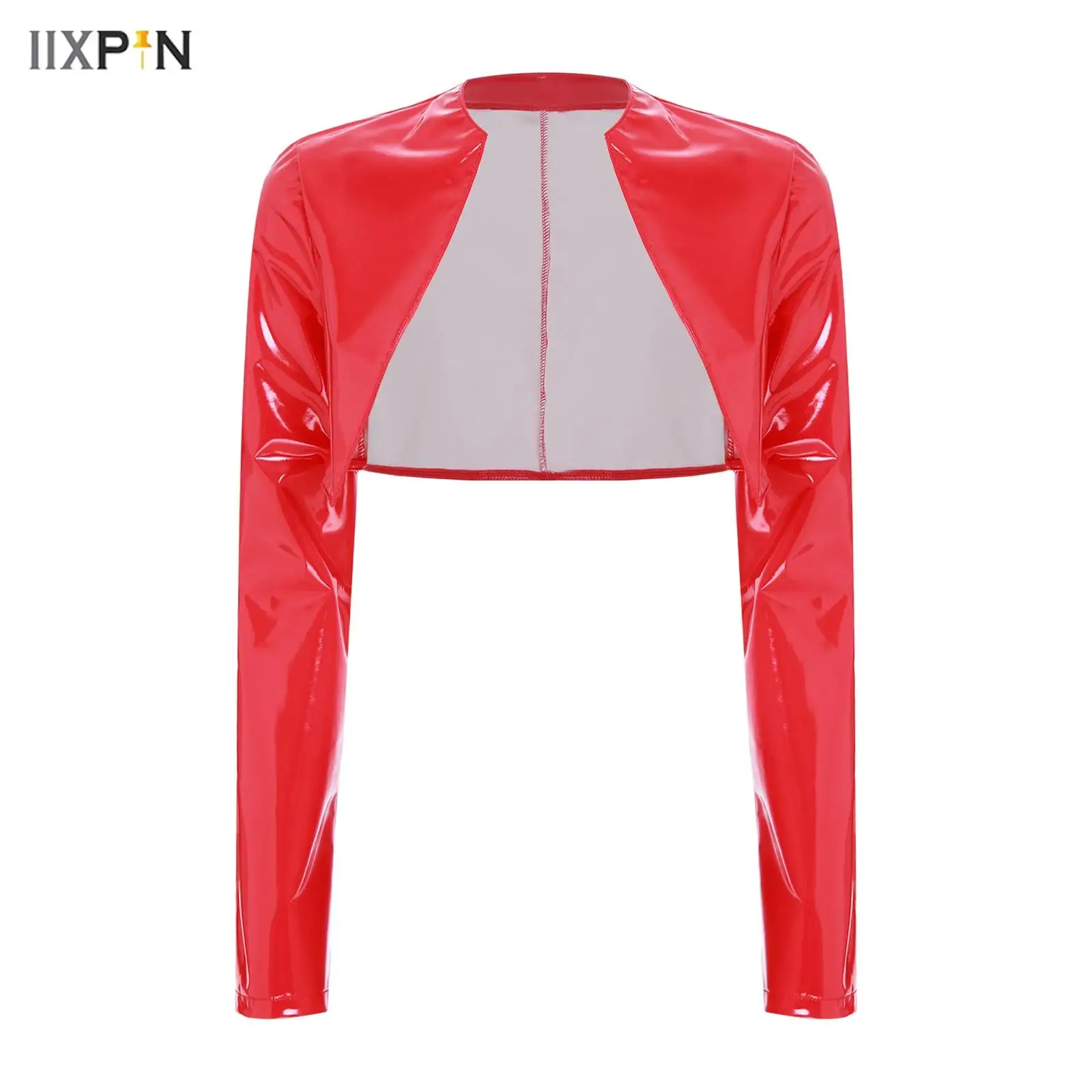 

Womens Glossy PU Cardigan Open Front Long Sleeve Crop Tops Unlined Motor Biker Cropped Jackets for Clubwear Disco Pole Dancewear