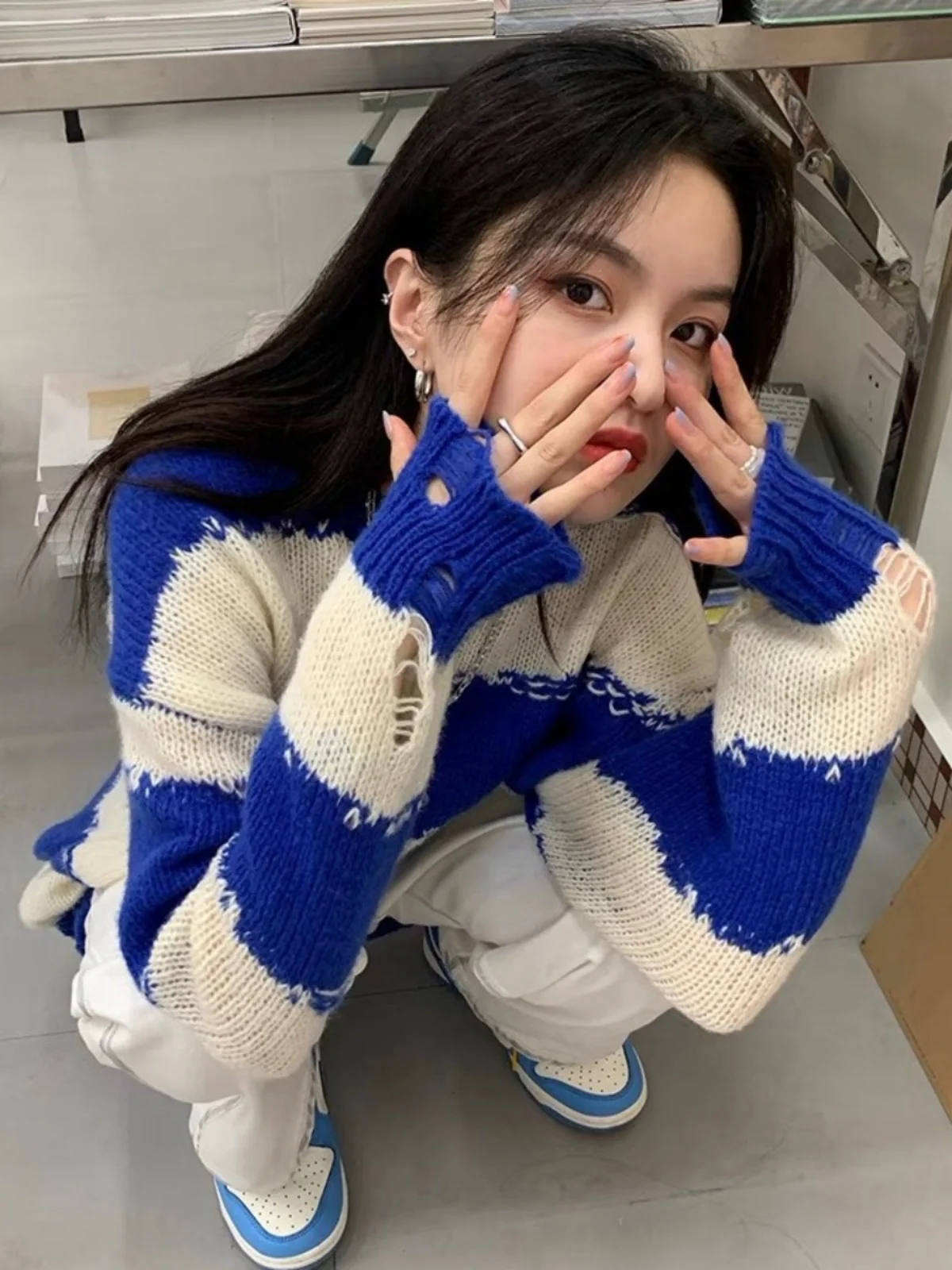 Ladies' Stripe Knitwear Sweater Thin Autumnal Overhead Design Hole Pattern Trendy Top Casual Commute Loose Fit Long Sve