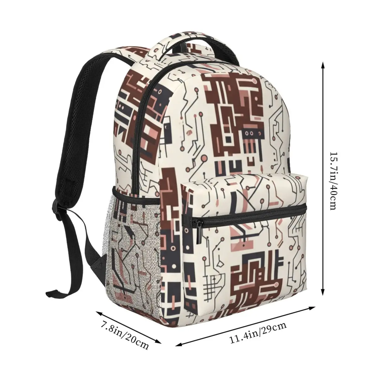 Daily Commuter Backpack Stripe Circuit Block Circle Tech Circuit Cream Chocolate Brown Charcoal Lightweight Bookbag for Work Gym