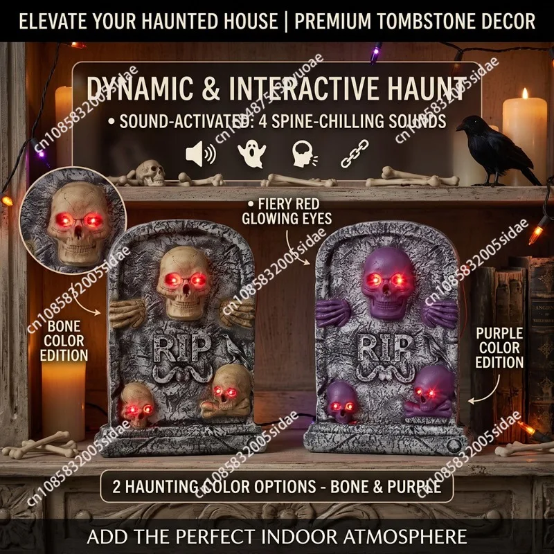 Halloween luminous tombstone ornament voice-activated horror sound effects skull desktop decoration ghost festival props