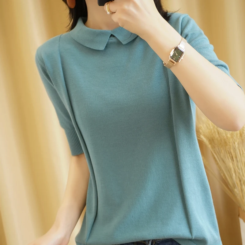 

Women's T-shirt Summer New 100% Pure Cotton Knitted Short Sleeve Casual Solid Tees Loose Doll Neck Pullover Tops