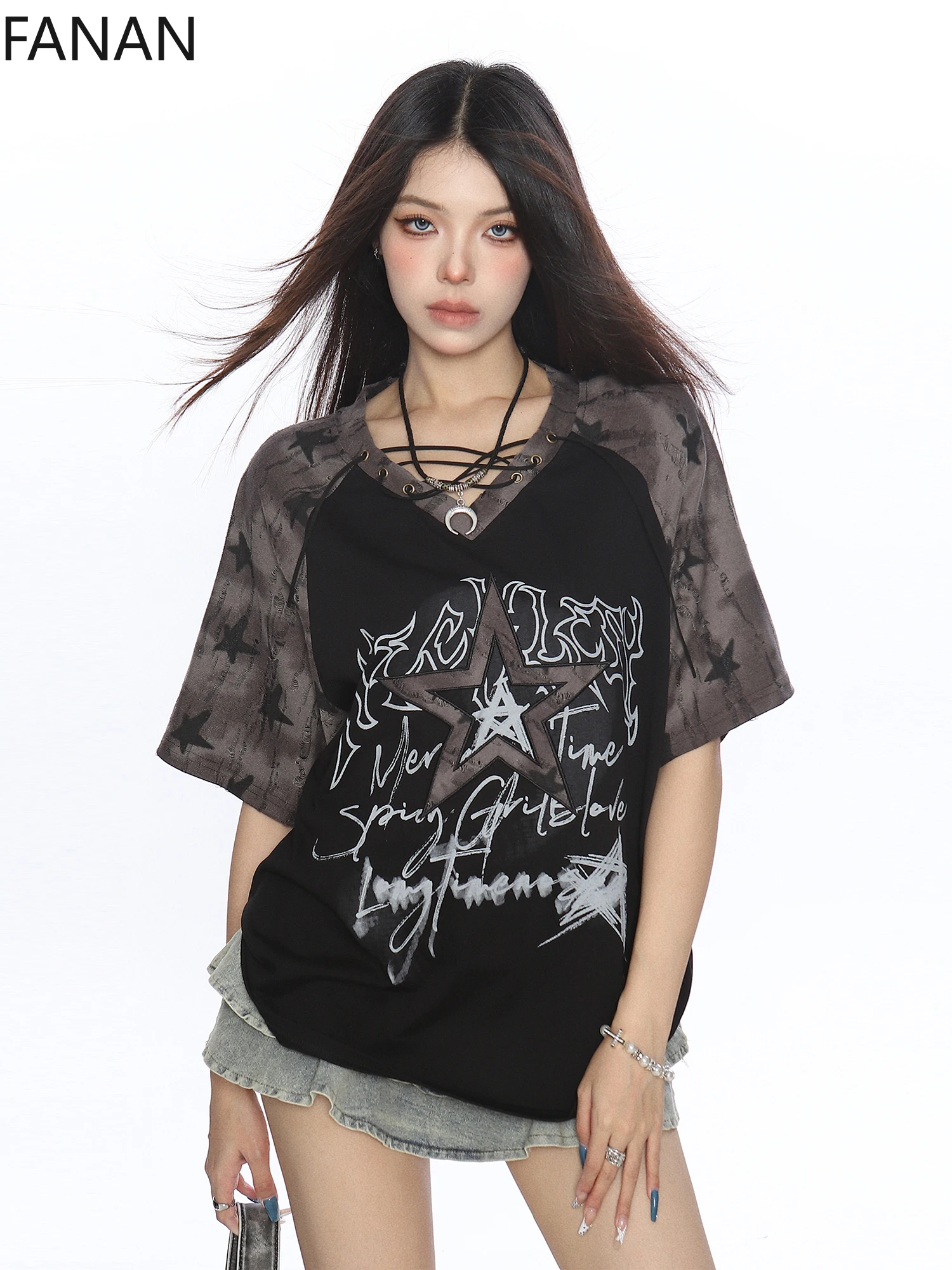 

Y2k Tops Graffiti Print Lace-up V-neck T-Shirts Short Sleeve Versatile Loose Casual T-shirt Top Women Summer Tees