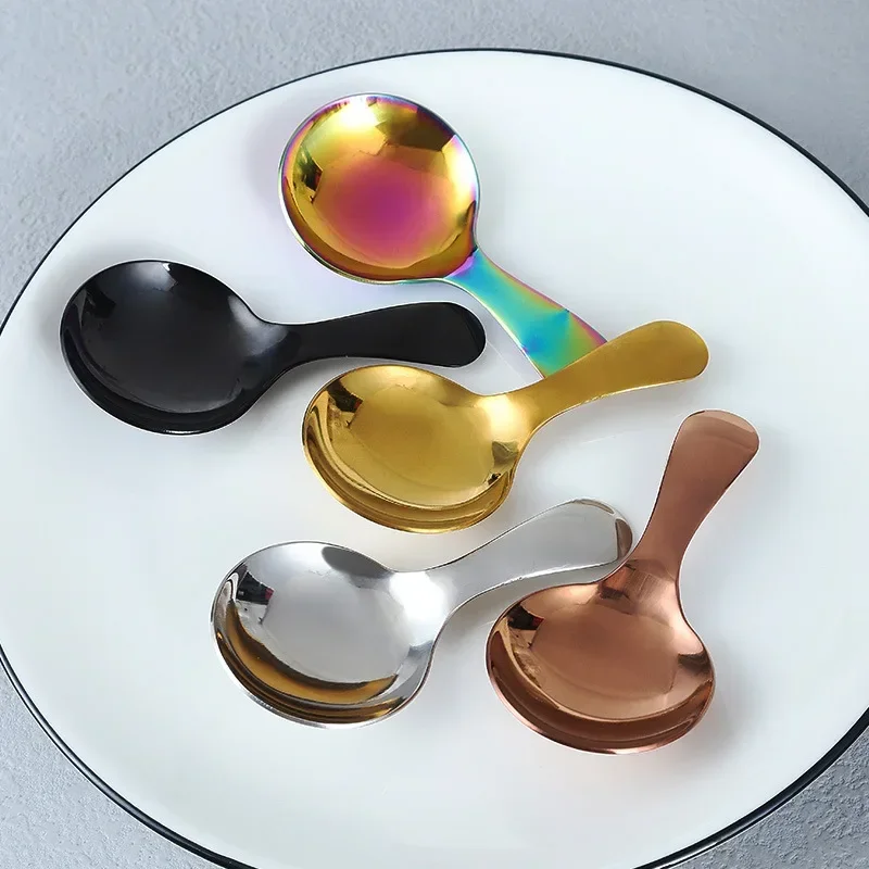 304 Stainless Steel Spoon Creative Short Handle Children's Spoon Cute Dessert Ice Cream Spoon Titanium Plated Tea Round Spoons