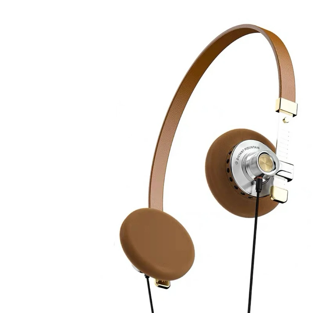 

Wired head-mounted retro headphones with fashionable metallic texture