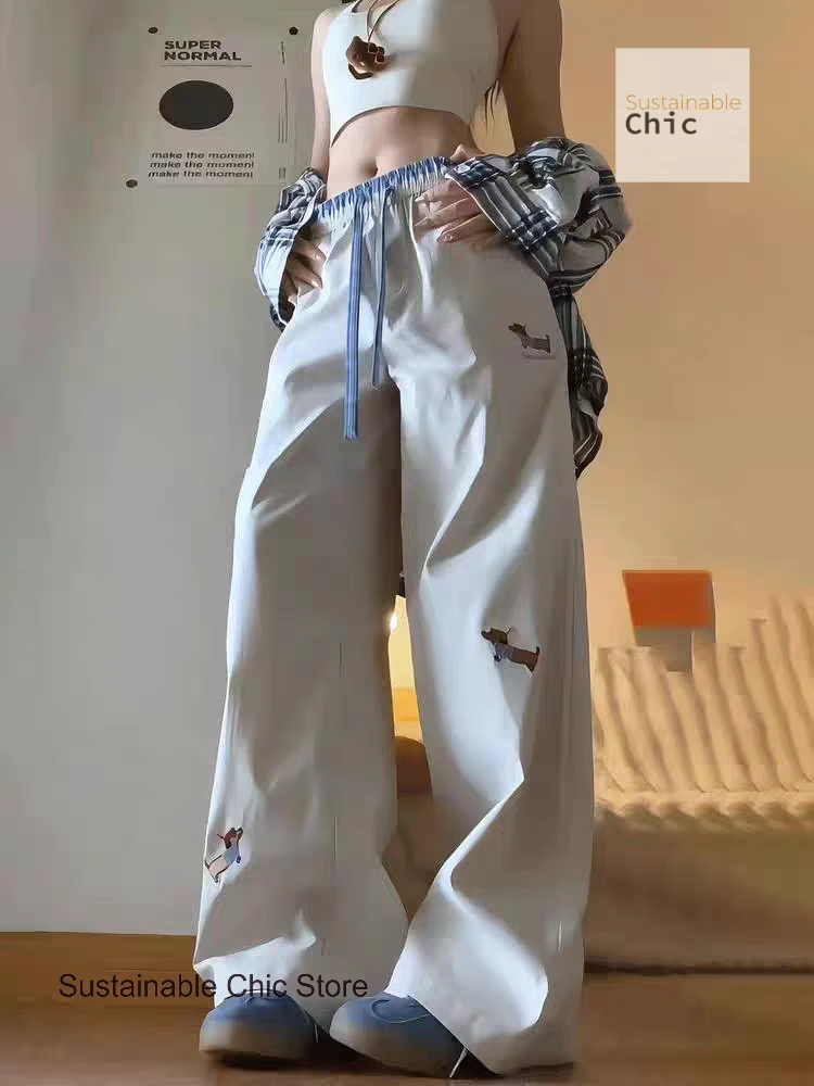 American contrast embroidered high waist straight pants female summer new puppy embroidered breathable Joker casual pants.