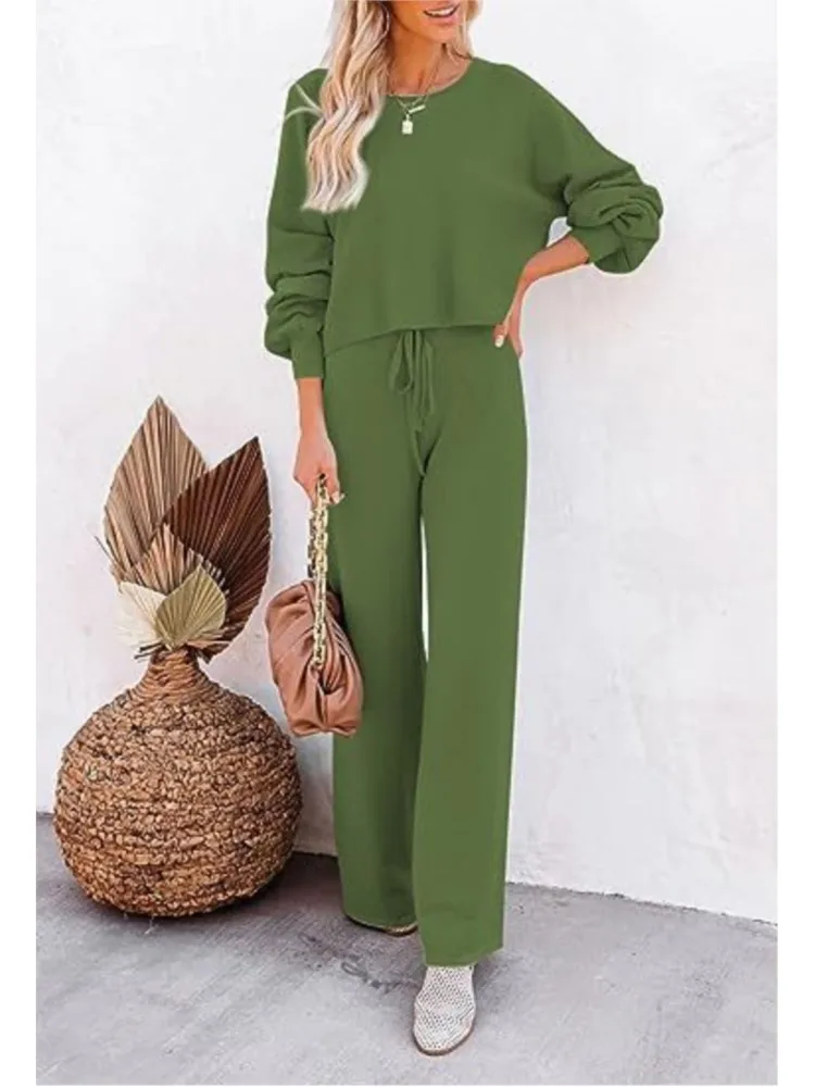 

Autumn Winter Women's Solid Color Long Sleeved Set Fashion Casual Pullover Short Top Wide Leg Pants Tie Up Two Piece Set Female