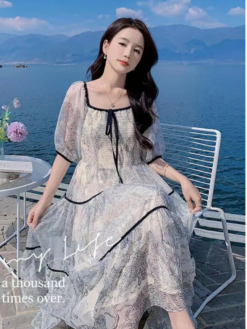 French Wind and Snow Spinning Printed Dress for Women Summer New Tea Break Luxury Feeling Beach Vacation Fairy Dress TWSQ