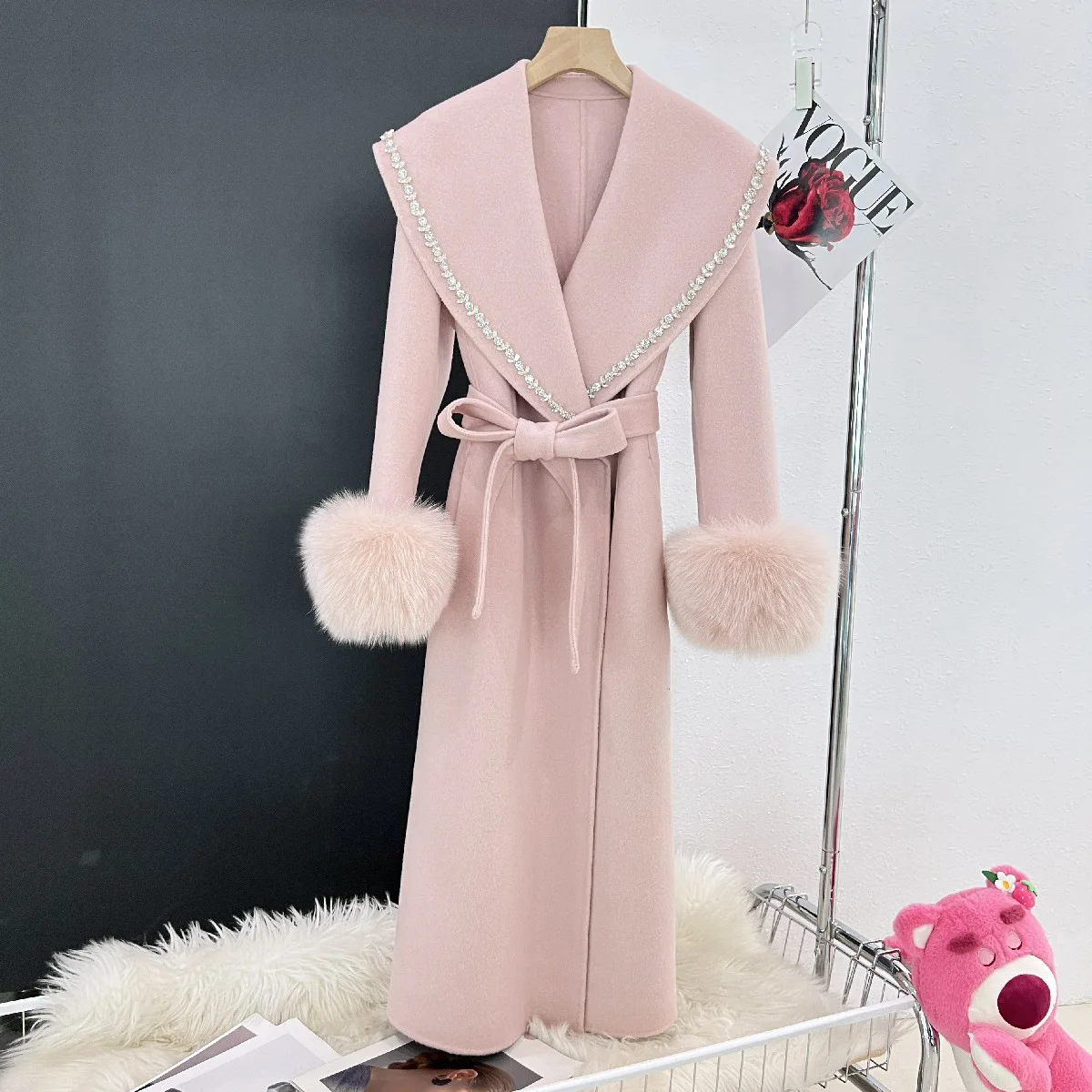 Haining Fur Coat, Wool Double sided Wool Coat, Female Long Collar, Beaded Hair Cuff