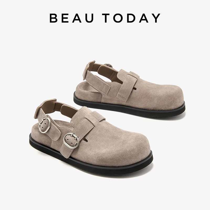 BEAUTODAY Spring Flats Women Genuine Cow Suede Solid Color Metal Buckle Back Strap Round Toe Ladies Shoes Handmade 34599