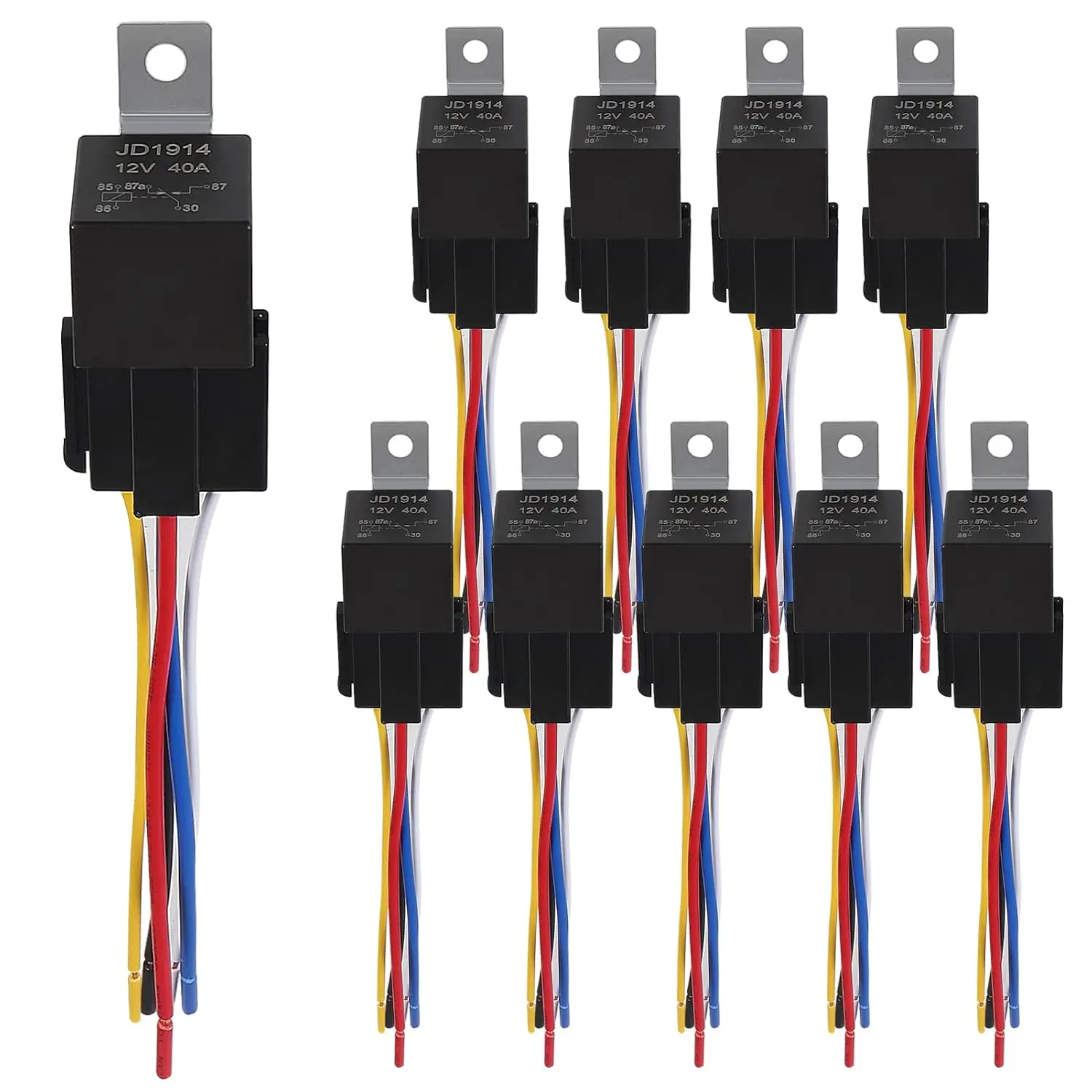 10 Pack 40/30 AMP 12V DC Waterproof Relay and Harness Heavy Duty 12 AWG Tinned Copper Wires, 5-PIN SPDT Automotive Relay