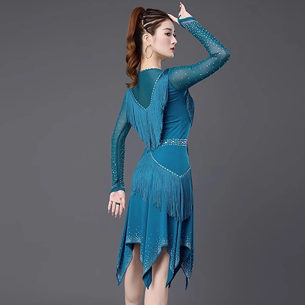 여성용 라틴 댄스 드레스 프린지 살사 룸바 차차 댄스웨어 긴 소매 볼룸 대회 드레스