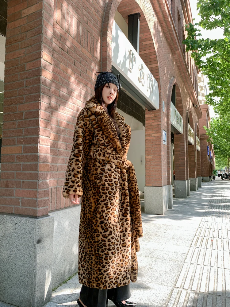 Original Design Female Leopard Print Faux Fur Coat Lady Lapel Long Jacket with Belted Streetwear Women\'s Winter Coats Promotion