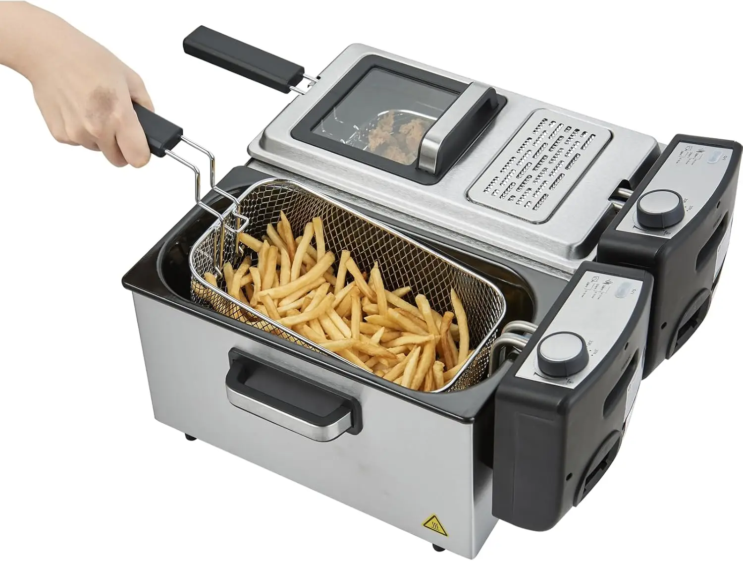 Fryer with Basket - 3000W Dual Zone Electric Deep Fryer for Home Use with Lid, Stainless Steel, Adjustable Temperature, Overheat