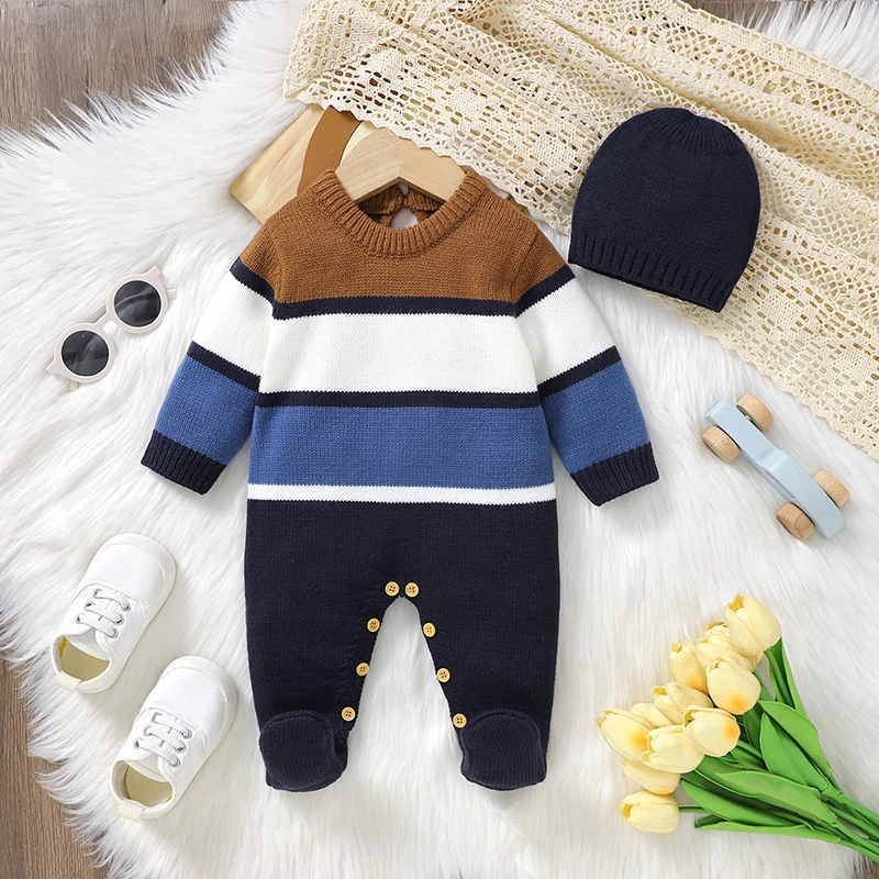 

Baby Rompers Clothes 0-18m Autumn and Winter Full Sleeve Knitted Newborn Infant Boys Jumpsuits Hats Outfits Set Toddler Playsuit