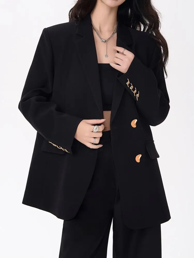 

Loose Fit Black Suit Jacket for Women Spring 2026 Korean Style Small Size Spicy Girl Design Casual Commute Daily Wear