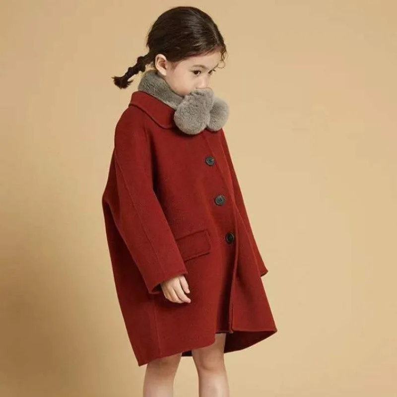 

New Kids Double Faced Wool Coat Autumn Winter Thickened Korean Style Mid Length Stylish Woolen Outerwear for Girls