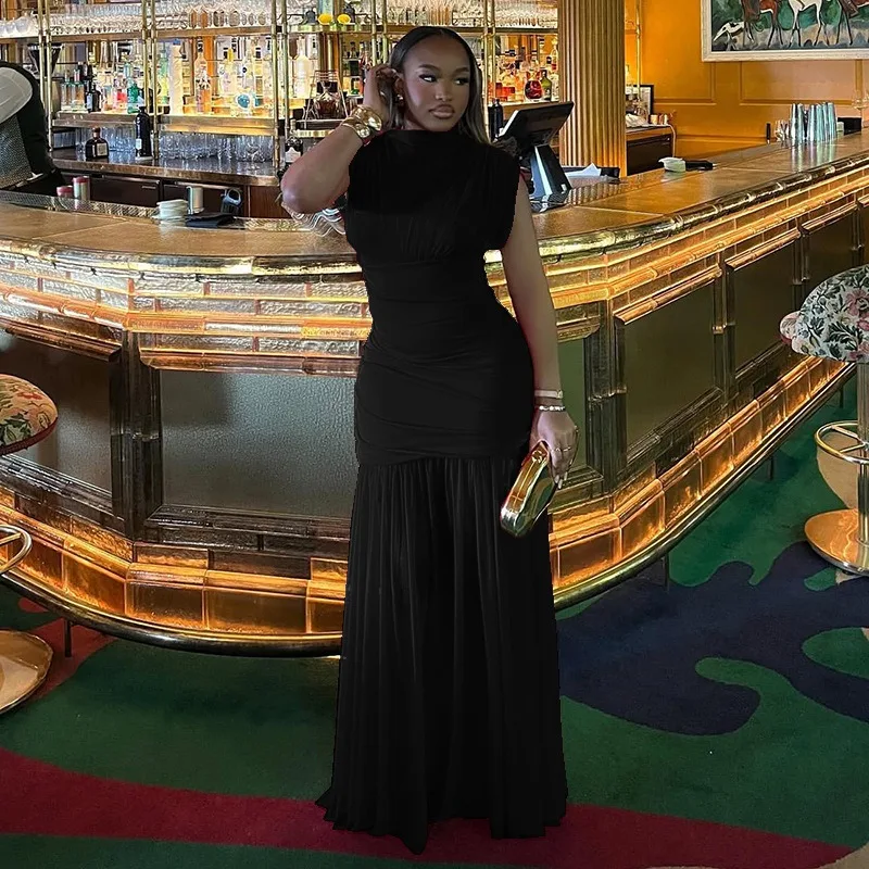 

Women's Gauze Spliced Turtleneck Sleeveless Pleated Hips Wrapped Long Dress, Solid Color