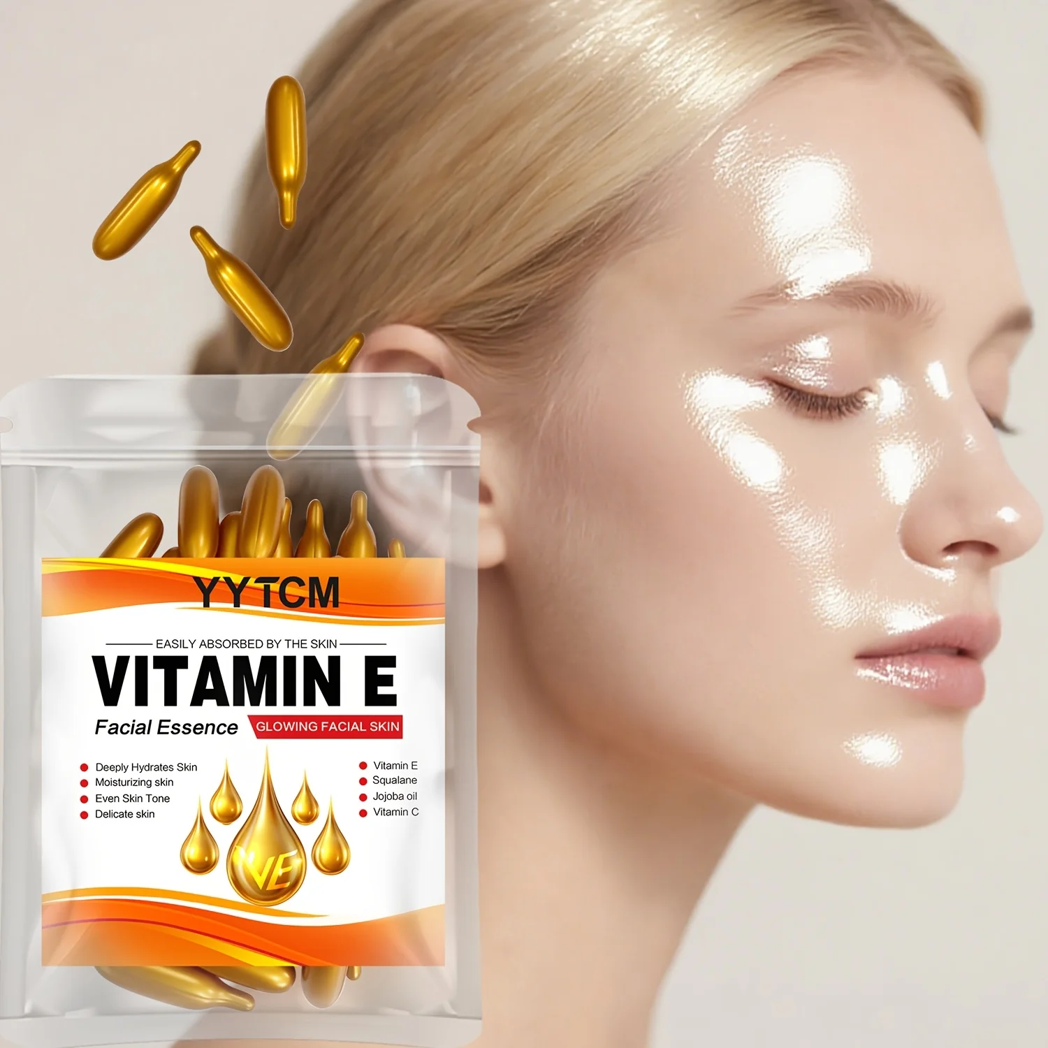 Vitamin E Deep Moisturizing Capsule Essence, Hydrates and Smooths Skin, Contains Plant-Based Squalane, Vitamin C, Deep Hydration and Skin Brightening Essence (0.4Gx30 Capsules)/Bag-1 Bag