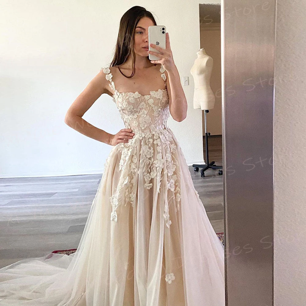 Boho Luxurious A Line Women's Wedding Dresses Romantic Lace Appliques Bride Gowns Charming Spaghetti Straps Vestido De Noivas