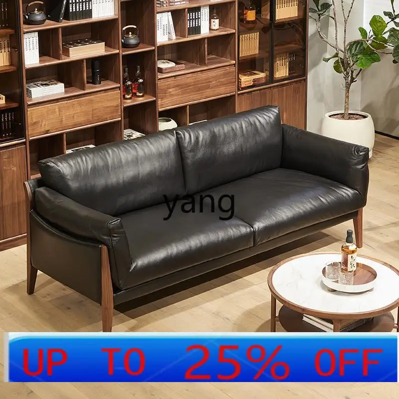 

LH black walnut leather sofa first layer cowhide Italian minimalist living room solid wood sofa three people