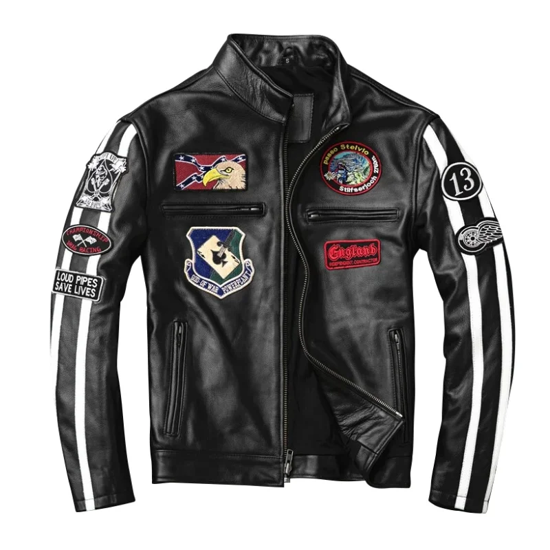 Black Autumn Leather Jacket Men Retro Style Plus Size 4XL Genuine Natural Cowhide Stand Collar Motorcycle Sports Coat