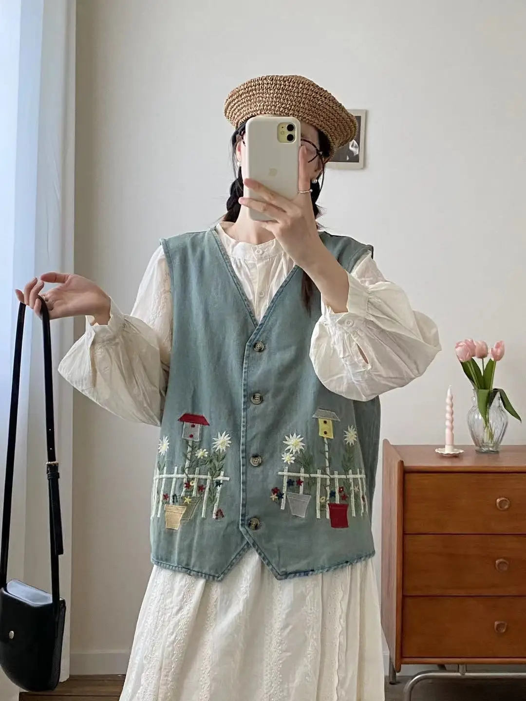 Autumn Morigirl style Japan cartoon embroider denim vest for women autumn denim waistcoat cardigan mori kei jean vest