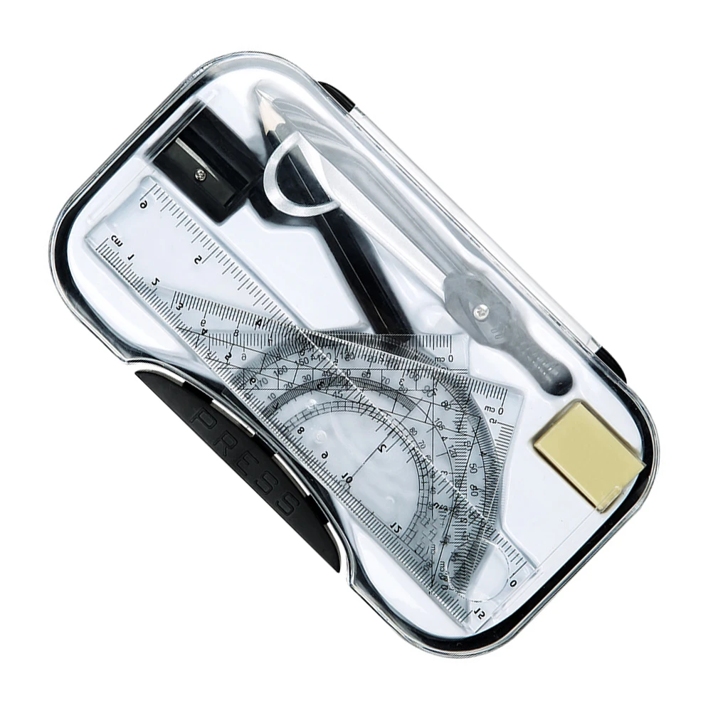 8pcs Drawing Supplies Set Plastic Alloy Compass Ruler Drafting Tools Stationery Kit Geometry Math Tool Eraser Practical