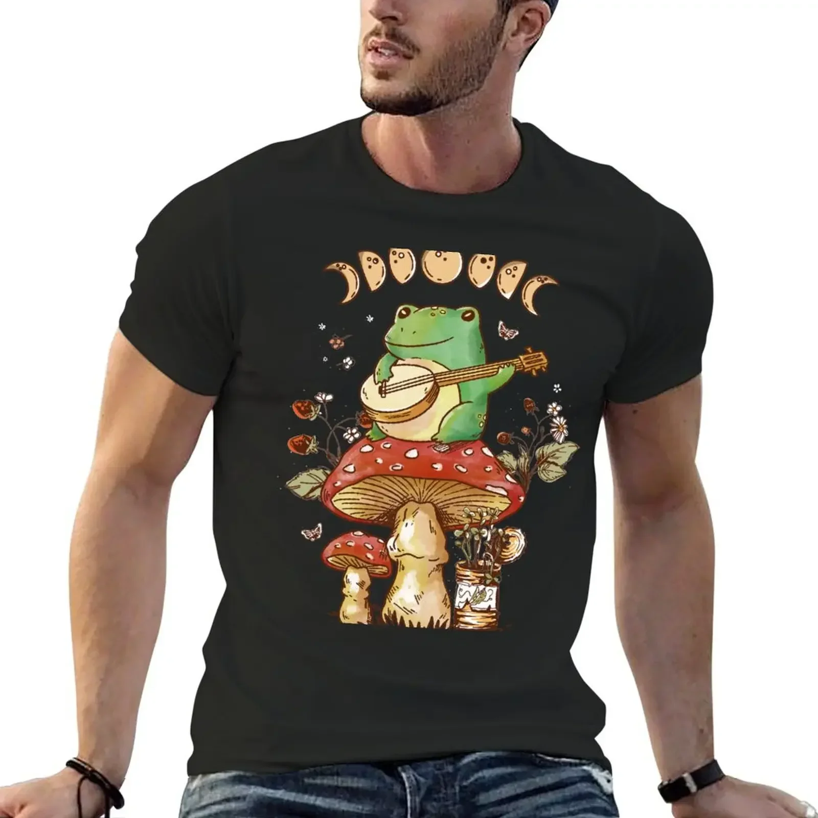 Cottagecore Aesthetic Frog With Banjo Mushroom Moon Phases Art T-Shirt anime figures oversized graphic tee shirts men graphic