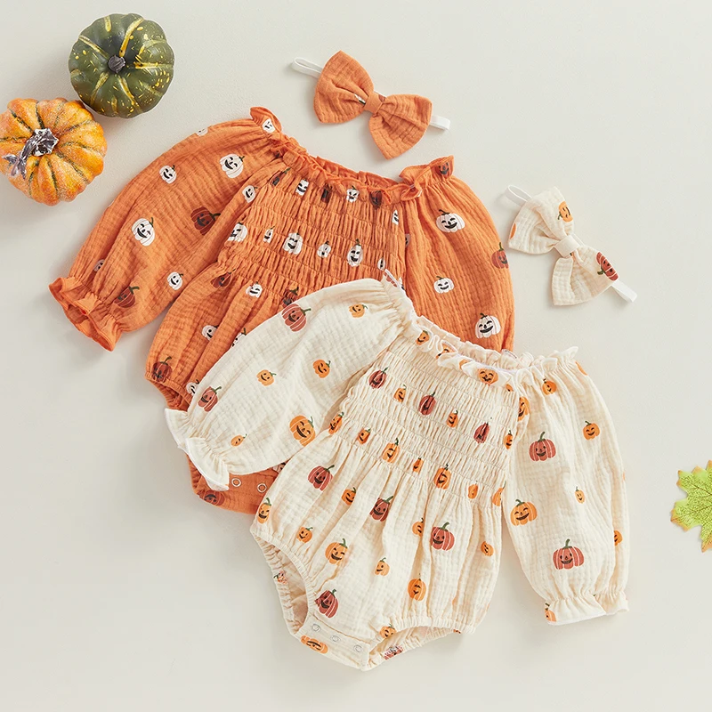 

My First Halloween Baby Girls Jumpsuit Outfit Cartoon Pumpkin Print Ruched Off Shoulder Long Sleeve Romper + Bow Headband