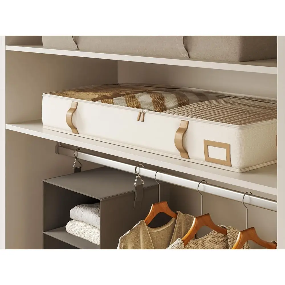 حاويات تخزين باللونين البيج والبني سعة 60 لترًا مع مقابض جلدية للسرير تحت السرير والملابس والأدوات الموسمية