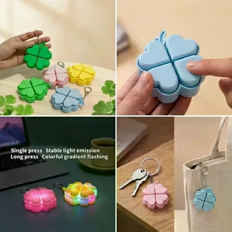 Four Leaf Clover Pop It Keychain Silicone Light Up Fidget Toy for ADHD Anxiety Relief Kids Backpack Charm Party Favor Presents view 4